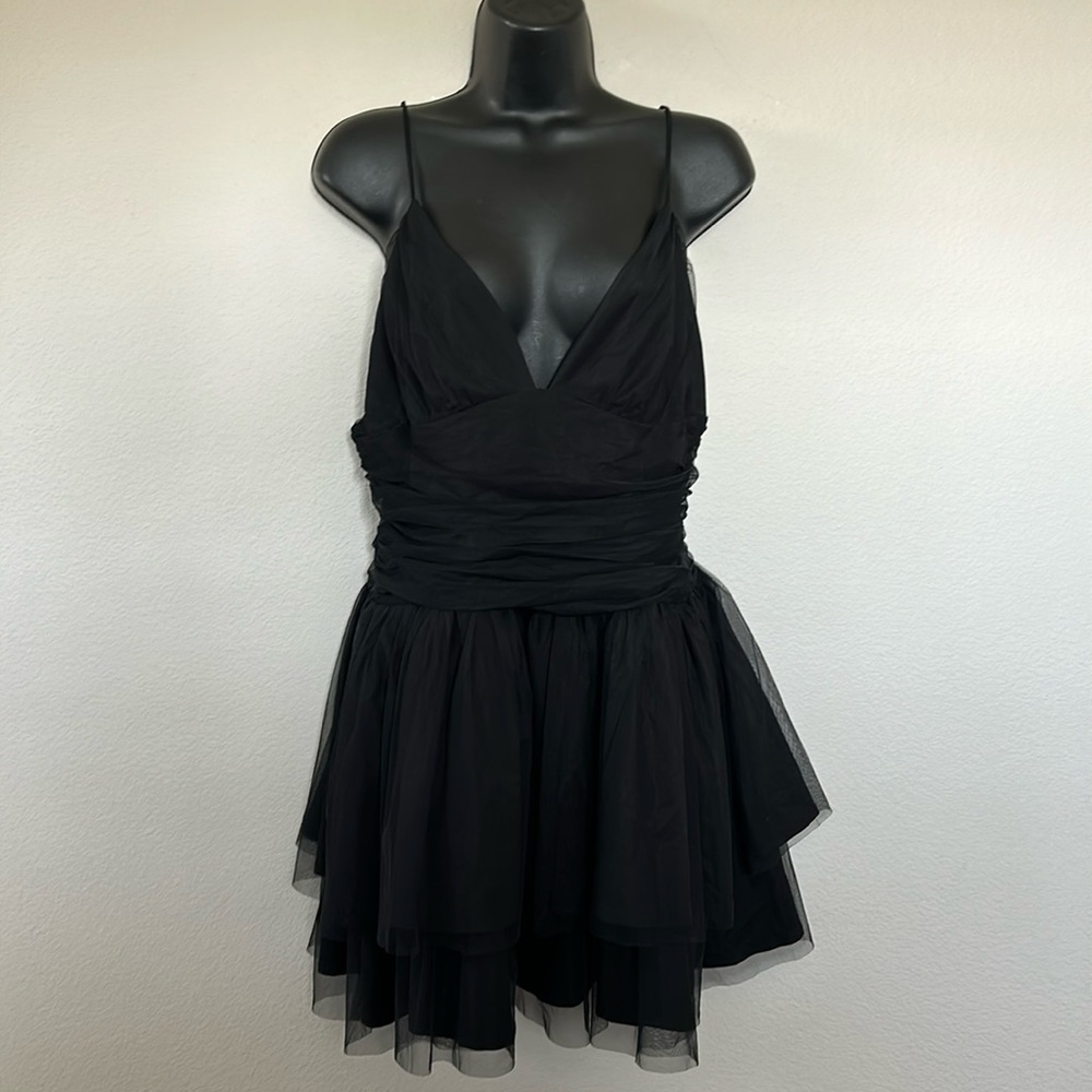 Princess Polly Zlatan Black Plunge V Neck Mesh Overlay Tiered Ruched Mini Dress - Picture 3 of 11
